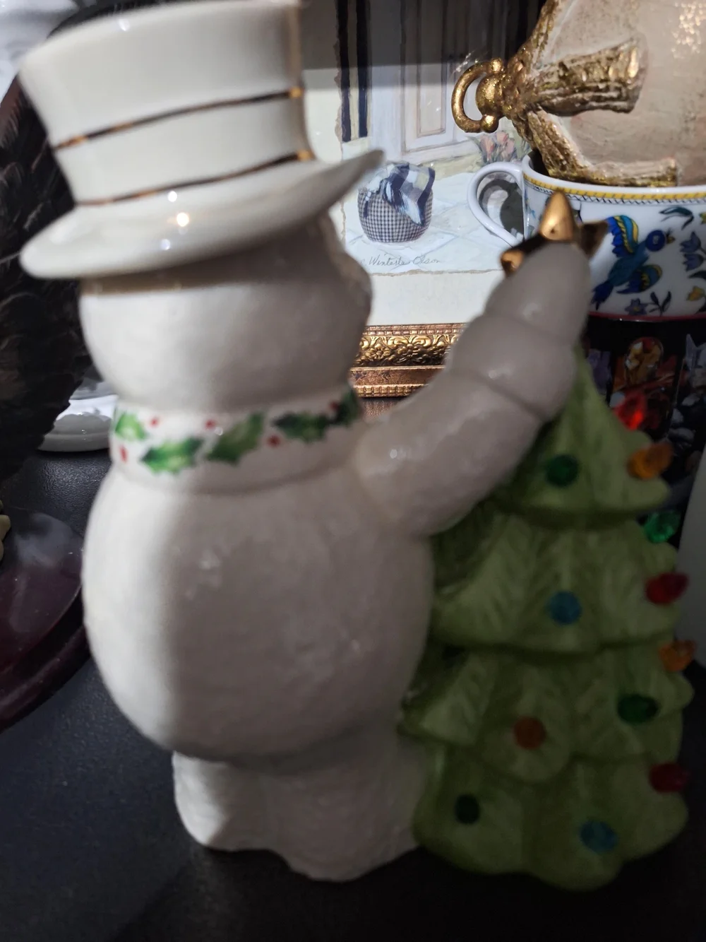 Lenox White Snowman Figurine with Green Christmas Tree and Gold Star